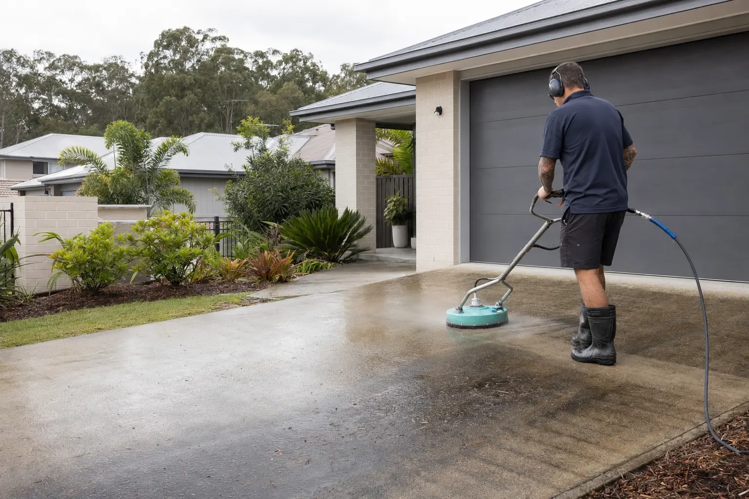 Exterior-cleaning operator washing a driveway beside a Queensland home